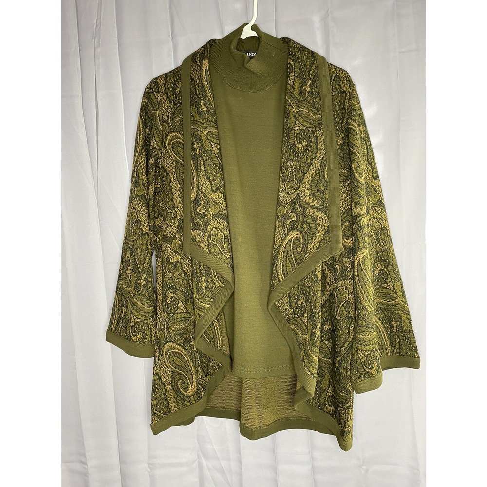 Nina Leonard Sweater Set XS Green Paisley Drape Cardigan Top 2pc Boho Cottage
